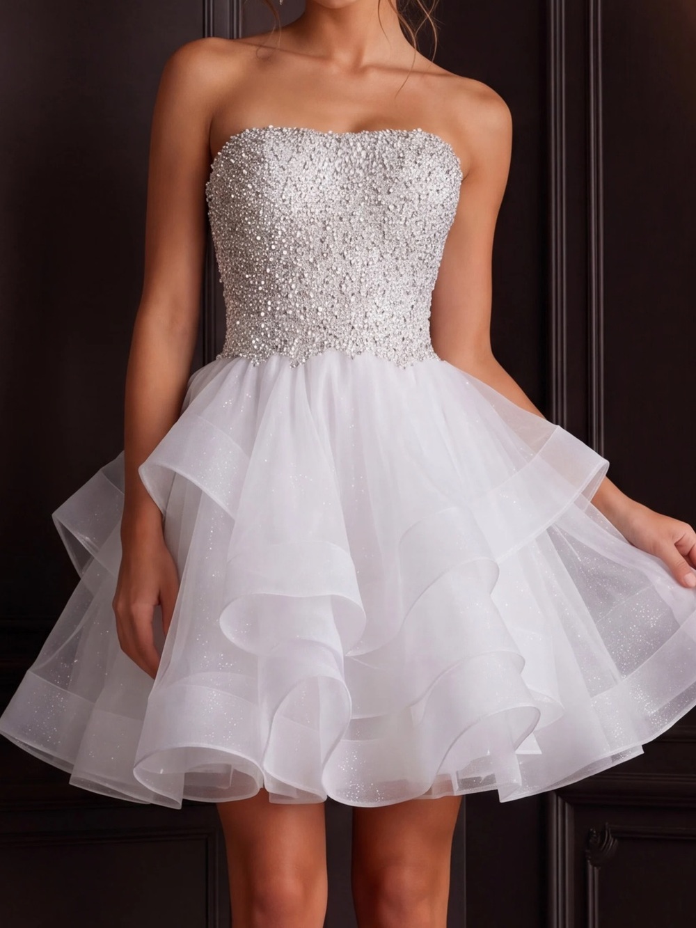 NWT Jovani Sz 6 Strapless White Beaded Mini Dress 24050